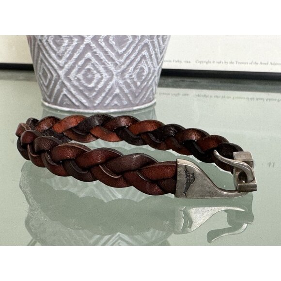 VTG Woven Leather Sterling Silver Bracelet Brown .5" wide Swordfish 8.75" - Picture 2 of 8